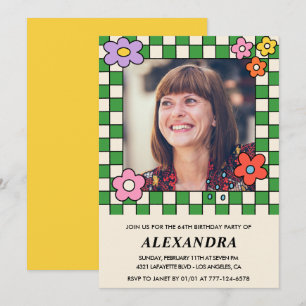 Photo 64th birthday invitation Retro Groovy Floral