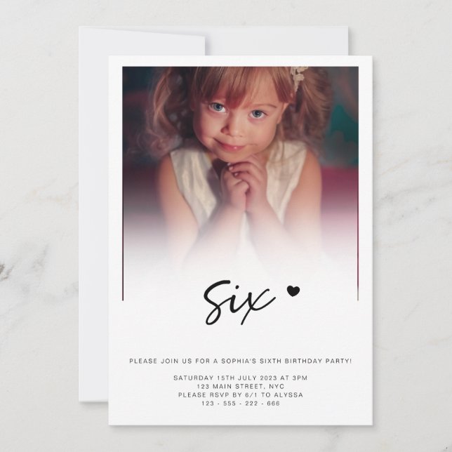 Photo 6th Birthday Six Heart Cute Lovely Invitation (Front)