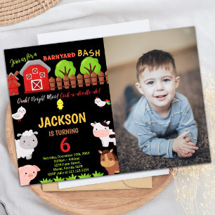 Photo 6th Black Red Farm Animals Birthday Invitation