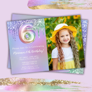Photo 6th Purple Pink Glitter Birthday Party Invitation