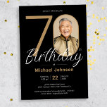 Photo 70th Birthday Gold Black Simple Chic Custom Invitation<br><div class="desc">Photo 70th Birthday Gold Black Simple Chic Custom Invitation. Celebrate your milestone birthday in sleek, modern style with our "Minimalist Chic" theme design, where the simplicity of Minimalist elegance meets the allure of Custom Photo personalisation. This simple and chic design allows your custom photo to take centre stage, making your...</div>