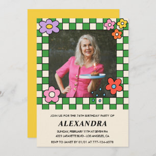 Photo 76th birthday invitation Retro Groovy Floral