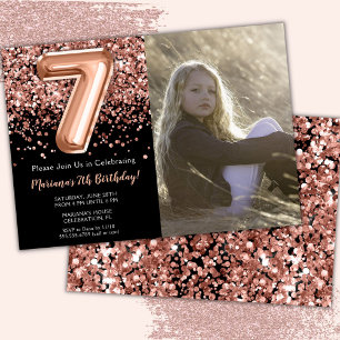 Photo 7th Black Rose Gold Glitter Birthday Invitation