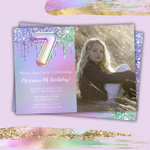 Photo 7th Purple Pink Glitter Birthday Party Invitation
