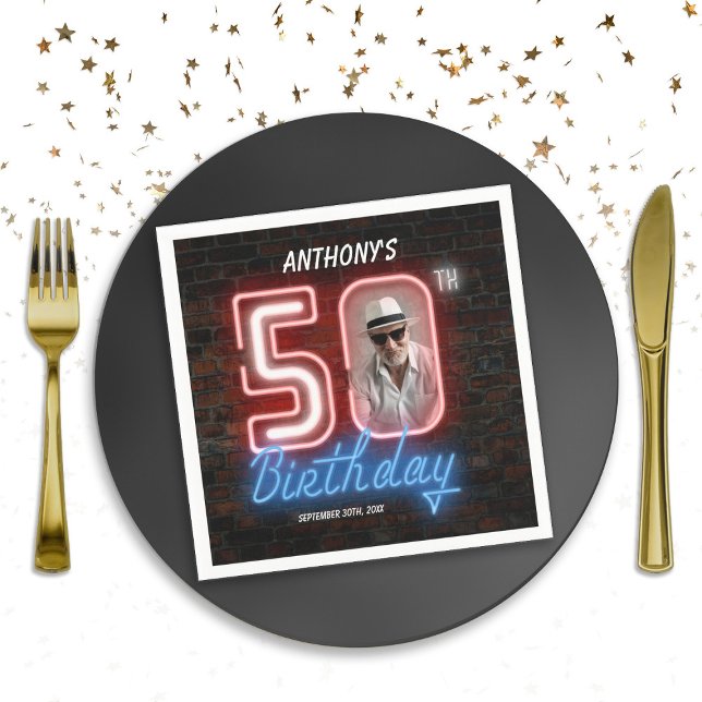 Photo 80s Retro Neon Sign 50th Birthday Party  Napkin (50th Birthday 80s Retro Neon Sign Party Photo Napkins
)