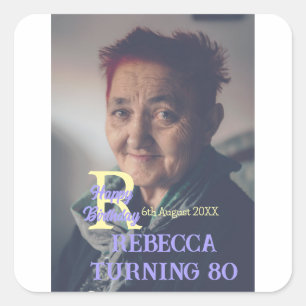 Photo 80th birthday add name date modern purple ye square sticker