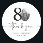 Photo 80th Birthday Thank You Classic Round Sticker<br><div class="desc">Add a personal touch to your party favors with this customizable 80th birthday sticker! Designed to make your milestone celebration extra special, this sticker allows you to add your own photo and personalize the text for a unique keepsake. Perfect for attaching to party favors, gift bags, or thank-you gifts, this...</div>