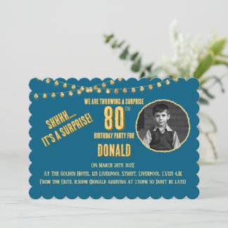 Photo 80th Teal & Gold Birthday Party Invitation