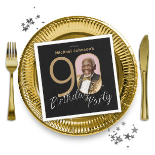 Photo 90th Birthday Gold Black Elegant Custom Napkin