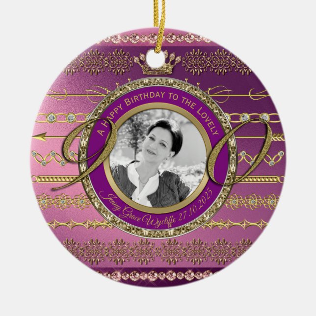 Photo 90th Birthday Gold Crown Diamonds Frame Ceramic Ornament (Front)