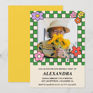 Photo 96th birthday invitation Retro Groovy Floral