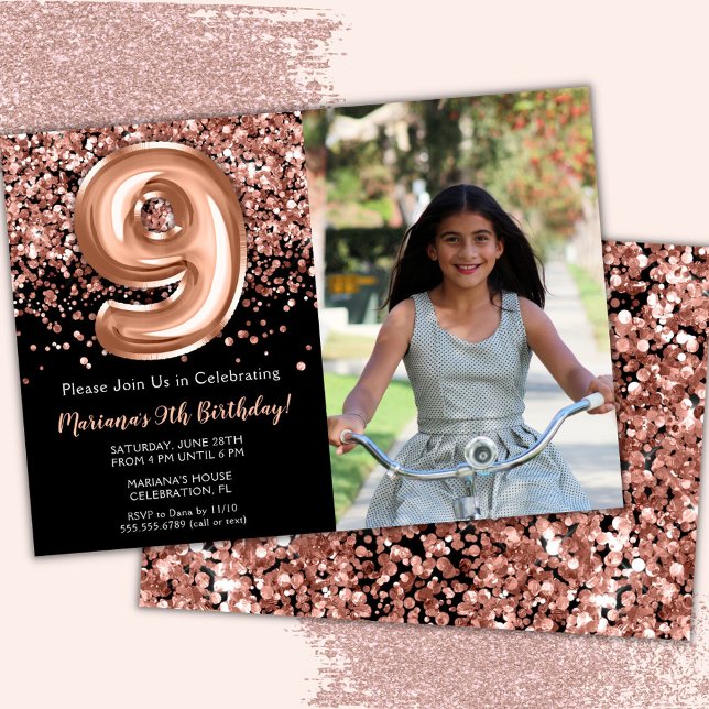 Photo 9th Black Rose Gold Glitter Birthday Invitation (Creator Uploaded)