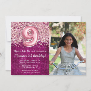 Photo 9th Magenta Pink Glitter Birthday Invitation