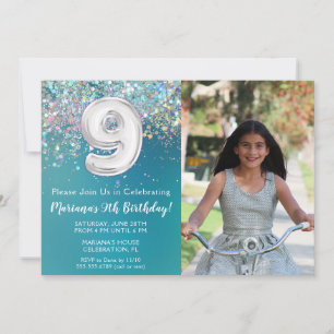Photo 9th Teal Silver Glitter Birthday Invitation