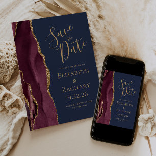 Photo Agate Burgundy Gold Navy Save the Date Invitation
