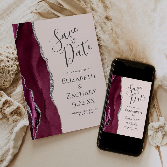 Photo Agate Burgundy Silver Blush Save the Date Invitation (Creator Uploaded)