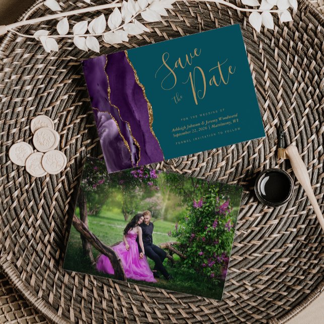 Photo Agate Purple Gold Teal Save the Date (Creator Uploaded)