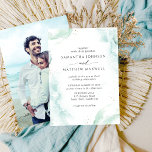 Photo, Airy Blue Turquoise Watercolor Wedding Invitation<br><div class="desc">Elegant Wedding photo invitation with delicate and airy watercolor background in soft green, turquoise, aqua, teal and dusty blue hues and decorative gold speckles and your image on the back. Modern hand written calligraphy details. Add your photograph on the back by clicking on blue button at the end of "personalise...</div>