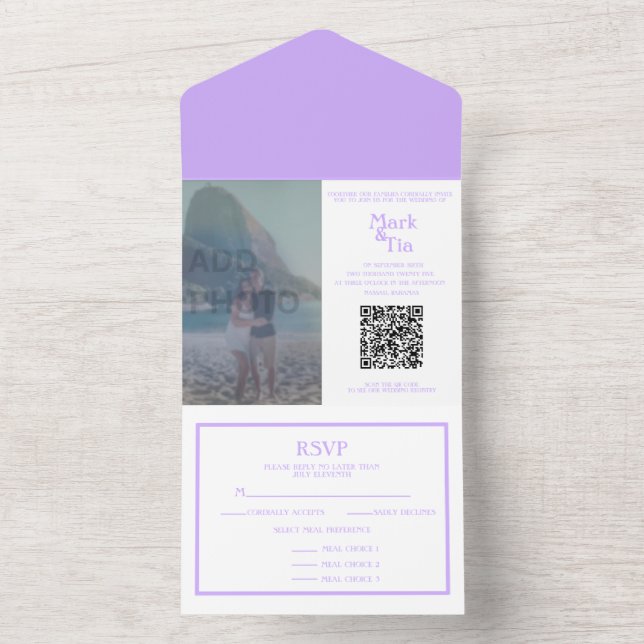 Photo All in One Lilac Wedding Invitation QR Code (Inside)