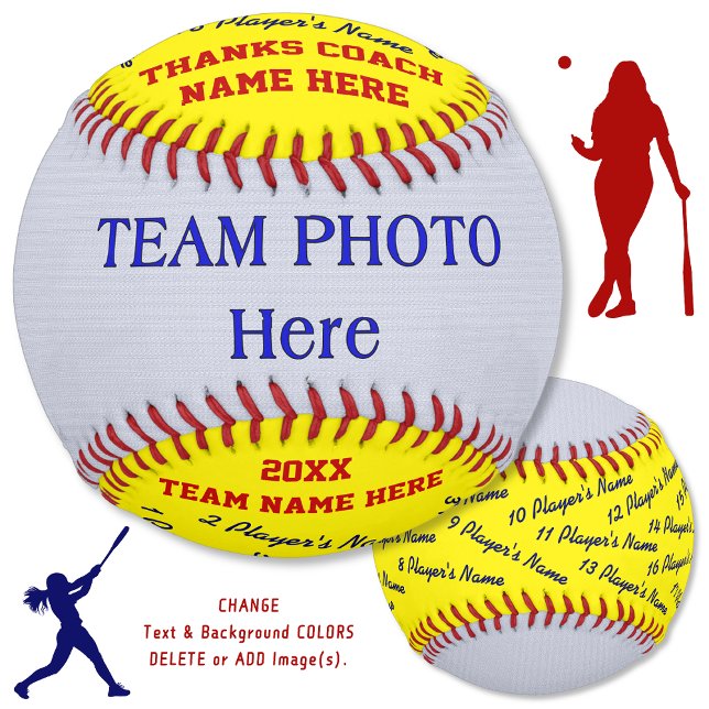 Photo and All Player's Names Softball Coach Gifts (Best softball coach gifts. Personalized softball. Blue Red softball. Softball Coach thank you gifts.)
