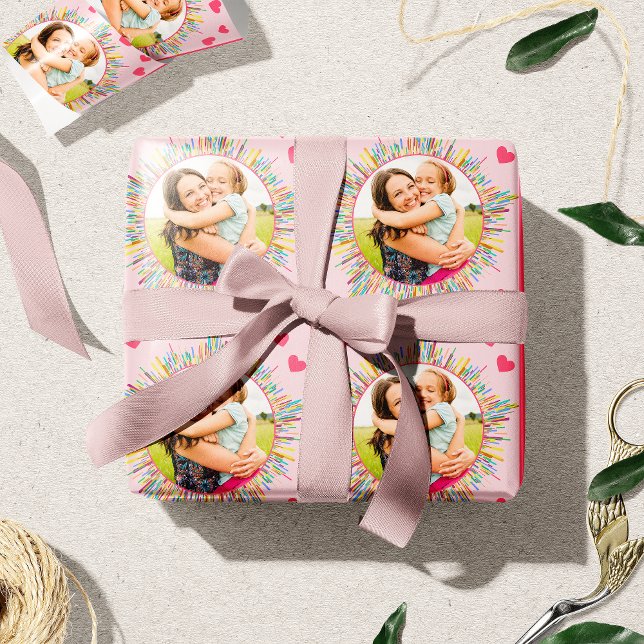 Photo and Colourful Abstract Art Pink Heart Wrapping Paper (Creator Uploaded)