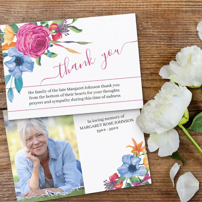 Photo and Colourful Flowers Funeral Thank You Card (Creator Uploaded)