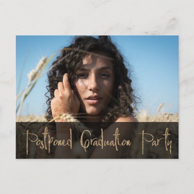Photo and Gold Glitter Postponed Graduation Party Postcard (Front)