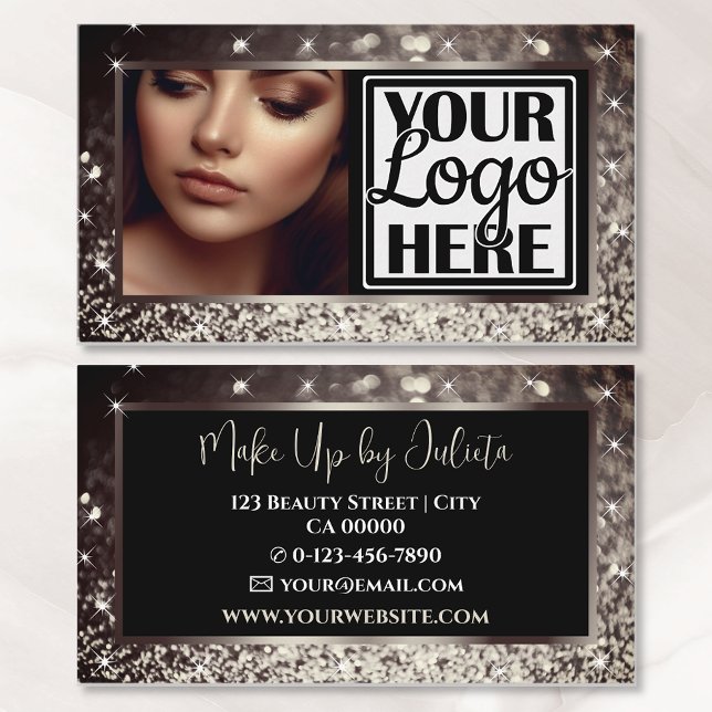 Photo and Logo Template Grey Sparkle Glitter Glam Business Card (Creator Uploaded)