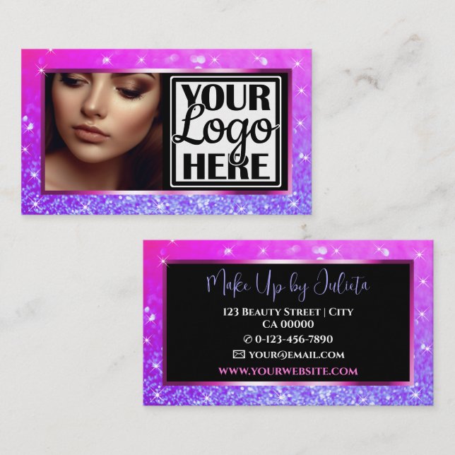 Photo and Logo Template Ombre Sparkle Glitter Glam Business Card (Front/Back)