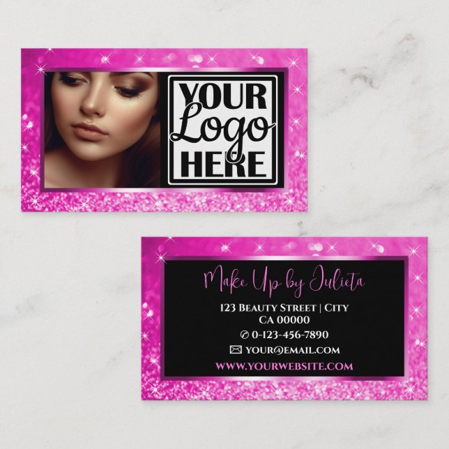 Photo and Logo Template Pink Sparkle Glitter Glam Business Card (Front/Back)