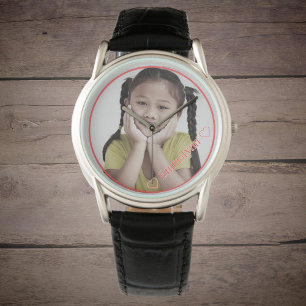 Photo and name in red with red frame watch