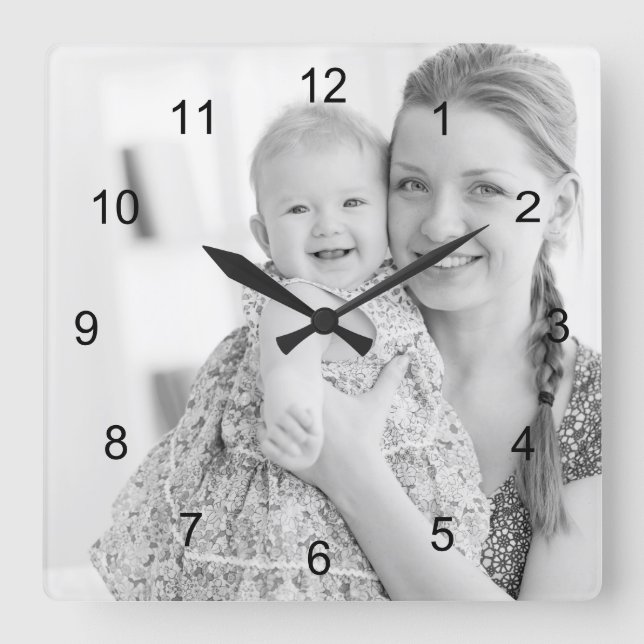 Photo and numbers, make your own square wall clock (Front)