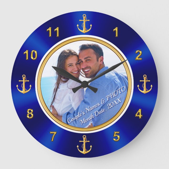PHOTO and Personalised Nautical Wedding Gifts Large Clock (Front)