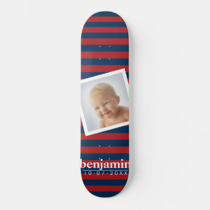 Photo and Red Blue Striped Pattern - Name Skateboard