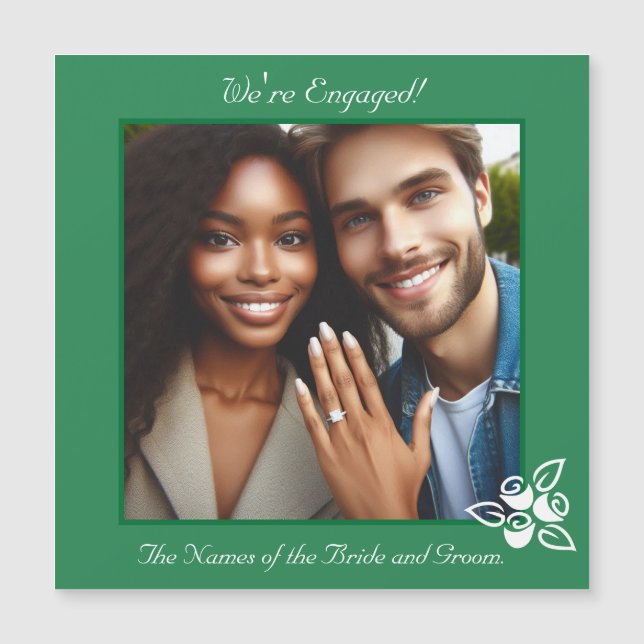 Photo and Roses Green Engagement Announcement Card (Front)