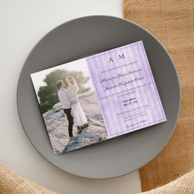 Photo and Vintage Stripes | Purple Wedding Invitation (Purple Photo and Vintage Stripes Wedding Invitation)
