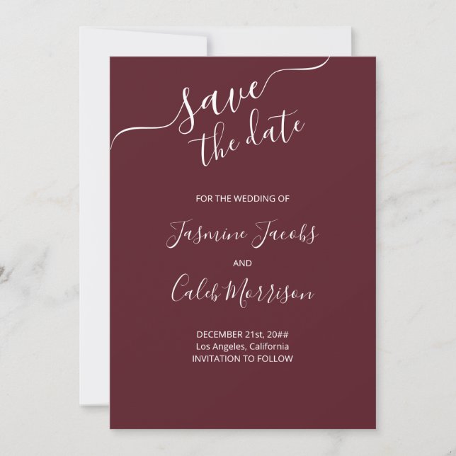 Photo and White Script Burgundy Wedding Save The Date (Front)