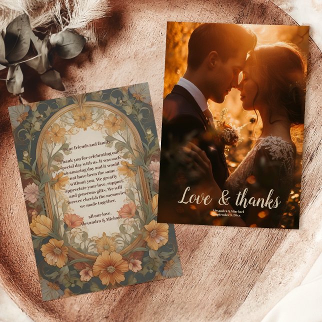 Photo Antique Floral Art Nouveau Wedding Thank You Card (Creator Uploaded)