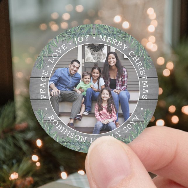 Photo & Any Text Christmas Greenery & Grey Wood Classic Round Sticker (Creator Uploaded)