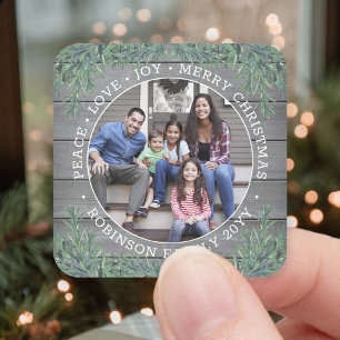 Photo & Any Text Christmas Greenery & Grey Wood Square Sticker