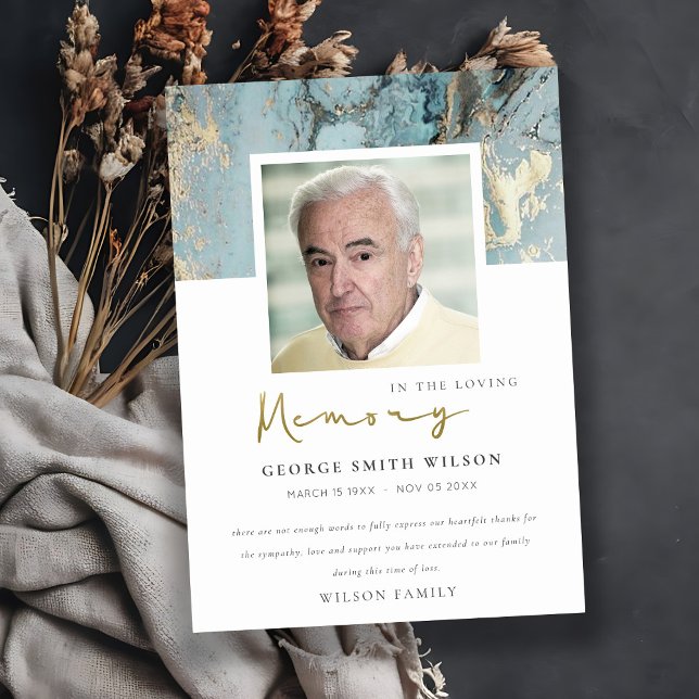 PHOTO AQUA DUSKY BLUE GOLD AGATE SYMPATHY MEMORIAL THANK YOU CARD (Creator Uploaded)