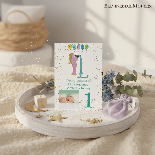 Photo & Aquarius Birthday with Gold & Balloons Invitation (Creator Uploaded)