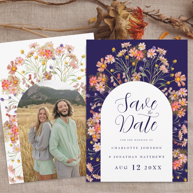 Photo Arch Boho Fall Rustic Wildflower Wedding Save The Date (Photo arch boho fall rustic wildflower floral arch navy blue and white wedding save the date invite)