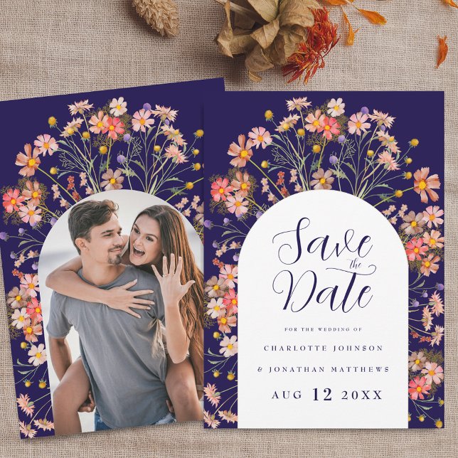 Photo Arch Boho Fall Rustic Wildflower Wedding Save The Date (Photo arch boho fall rustic wildflower floral arch navy blue and white wedding save the date invite)