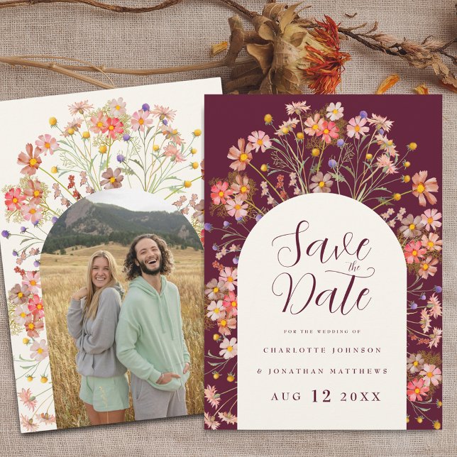 Photo Arch Boho Fall Rustic Wildflower Wedding Save The Date (Photo arch Boho fall rustic wildflower floral wedding save the date invitation Burgundy ivory cream)