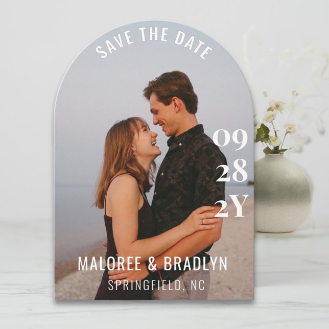 Photo Arch Bold Date Wedding White Text Save The Date (Modern elegant arch photo wedding save the date with bold date. QR code and custom message.)