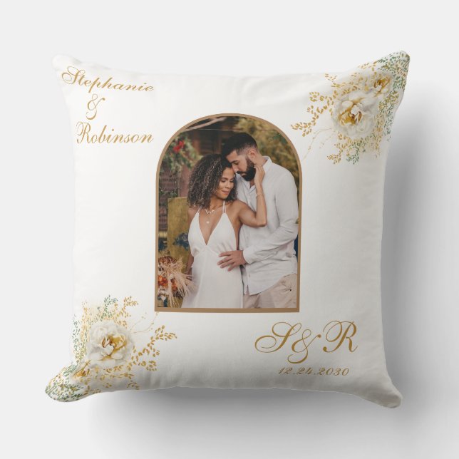 Photo Arch Elegant Gold Floral Monogram Wedding  Cushion (Front)