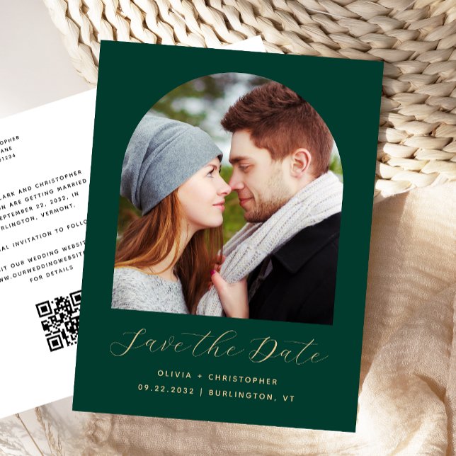 Photo Arch Emerald Green QR Code Save the Date Postcard (Creator Uploaded)