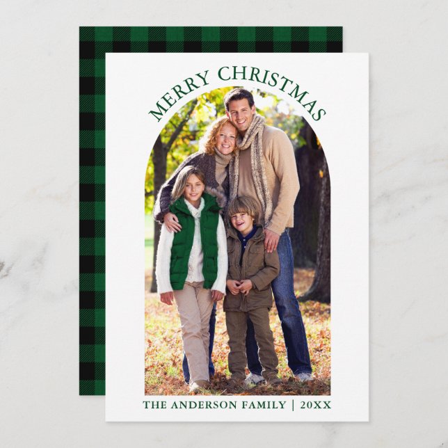 Photo Arch Merry Christmas Green Plaid Holiday Card (Front/Back)
