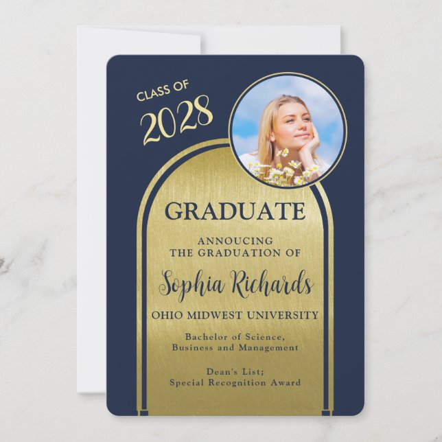Photo Arch Navy Gold Graduation Announcement (Front)